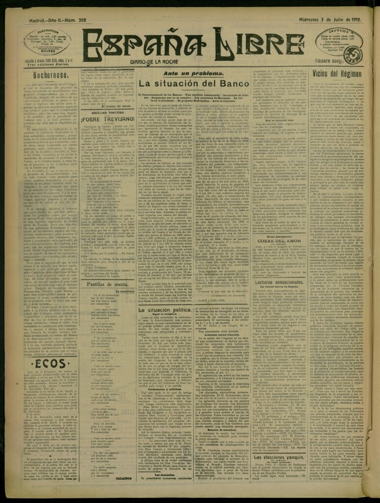 Miniatura de España Libre : Diario de la noche del 3 de julio de 1912, nº 392