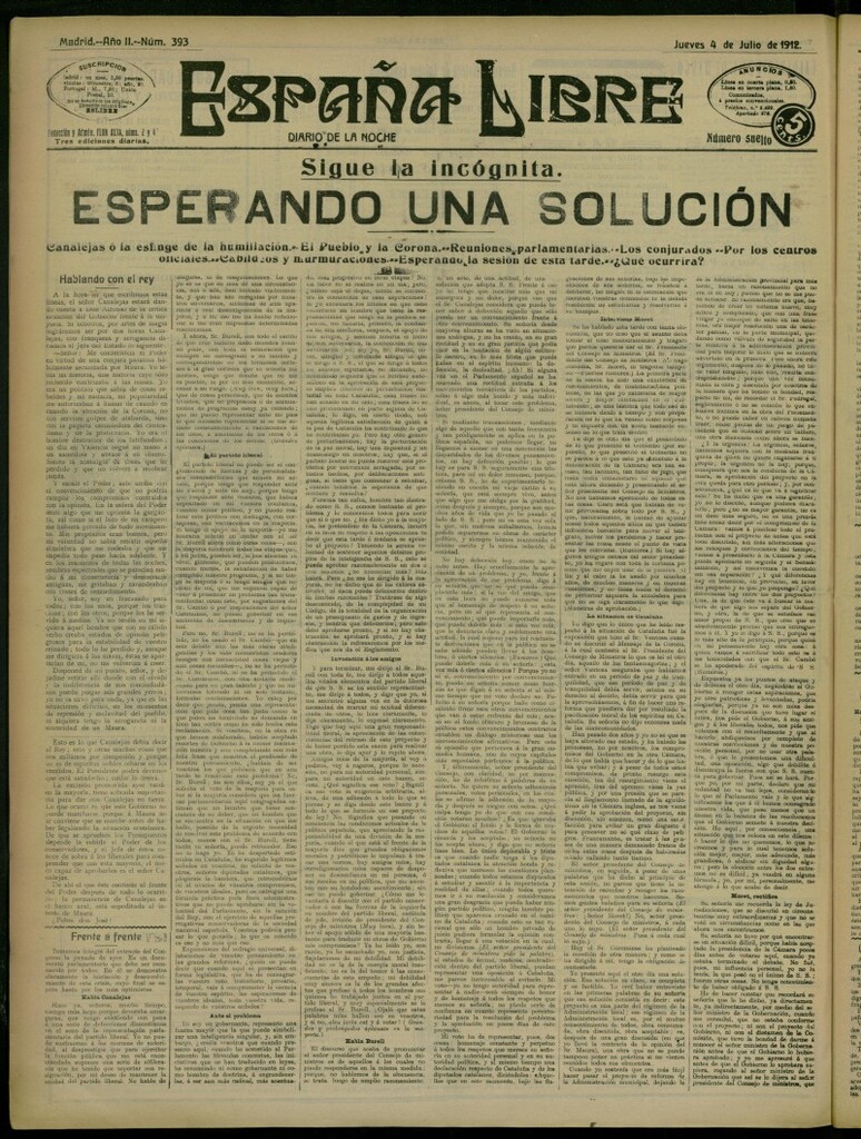 Miniatura de España Libre : Diario de la noche del 4 de julio de 1912, nº 393