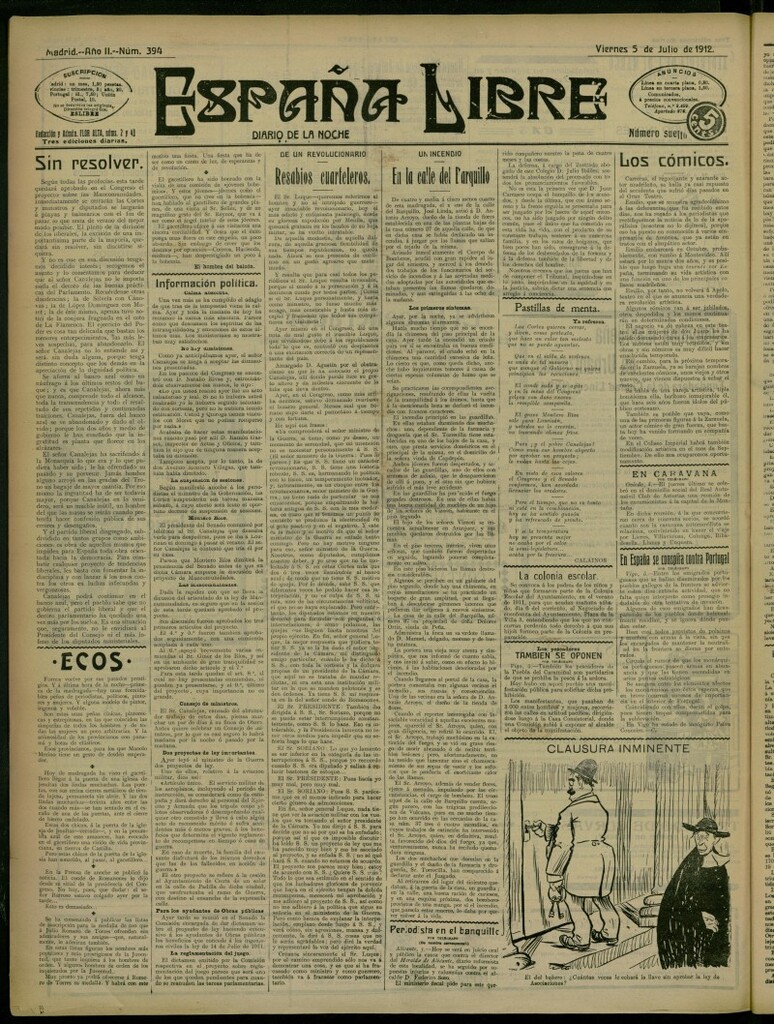 Miniatura de España Libre : Diario de la noche del 5 de julio de 1912, nº 394