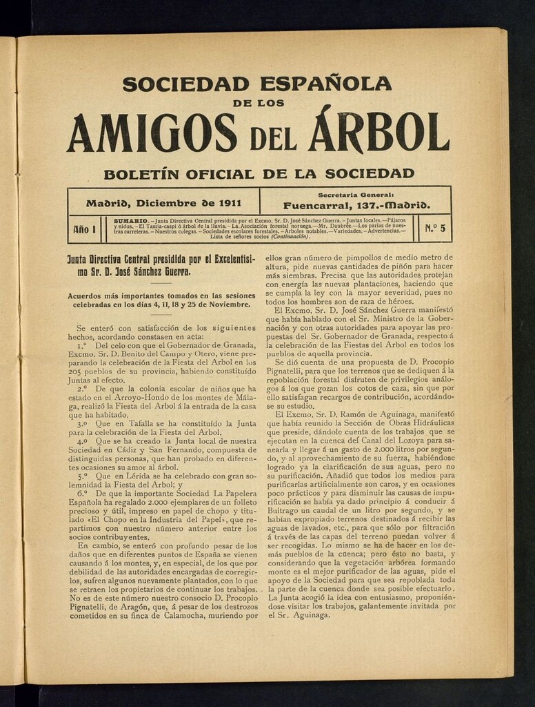 Miniatura de Boletín Comisión organizadora de la Sociedad Española de los amigos del árbol de diciembre de 1911