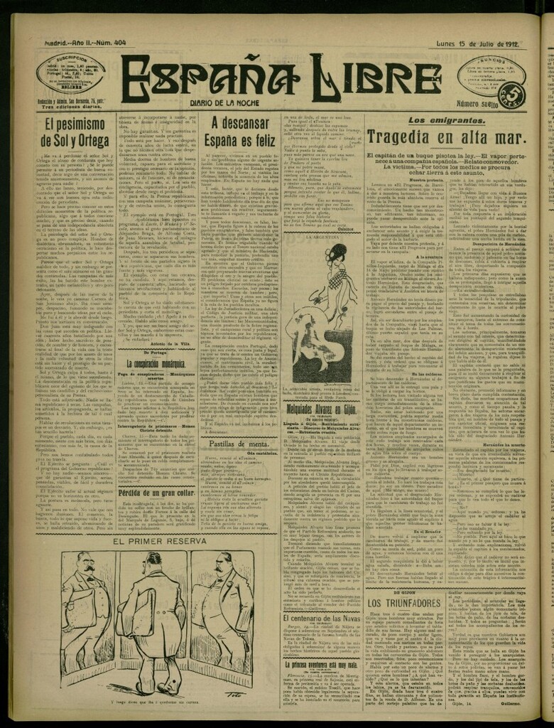 Miniatura de España Libre : Diario de la noche del 15 de julio de 1912, nº 404