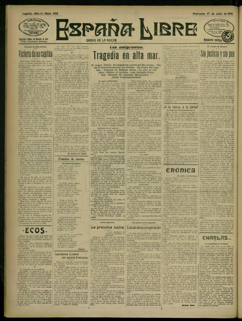 Miniatura de España Libre : Diario de la noche del 17 de julio de 1912, nº 406