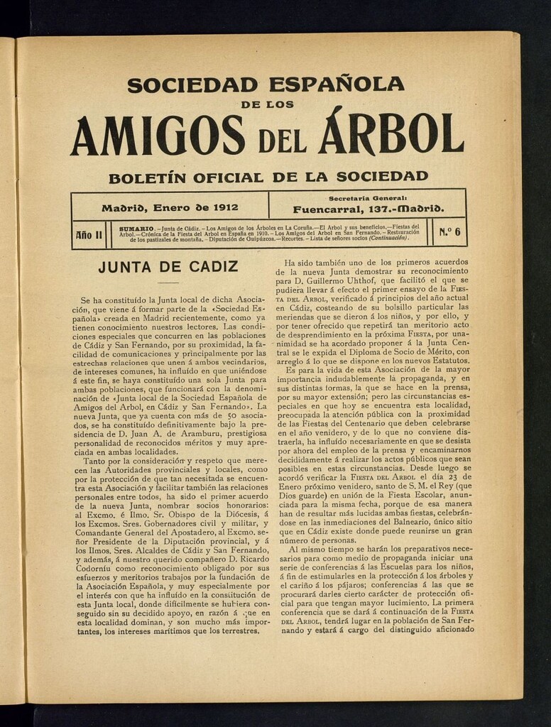 Miniatura de Boletín Comisión organizadora de la Sociedad Española de los amigos del árbol de enero de 1912