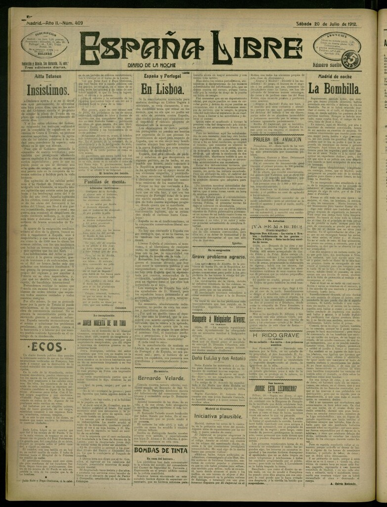 Miniatura de España Libre : Diario de la noche del 20 de julio de 1912, nº 409