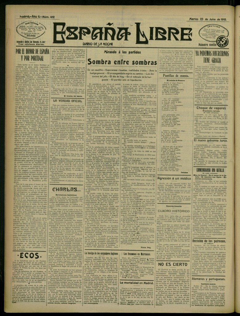 Miniatura de España Libre : Diario de la noche del 23 de julio de 1912, nº 412