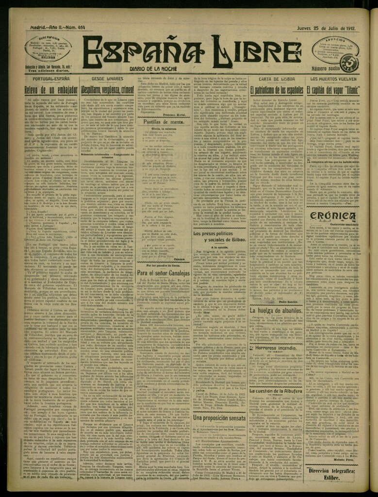 Miniatura de España Libre : Diario de la noche del 25 de julio de 1912, nº 414