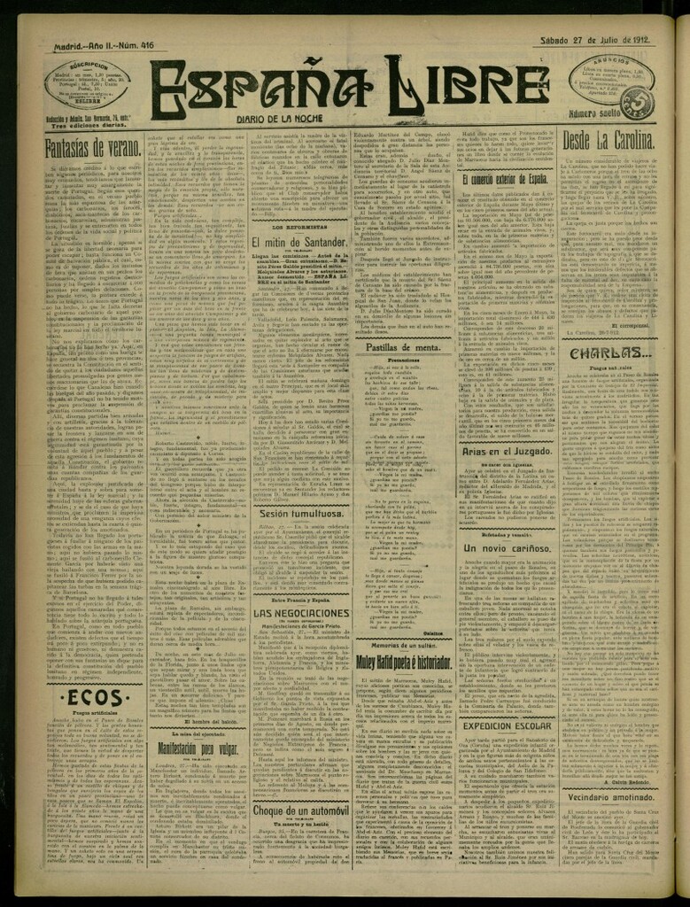 Miniatura de España Libre : Diario de la noche del 27 de julio de 1912, nº 416