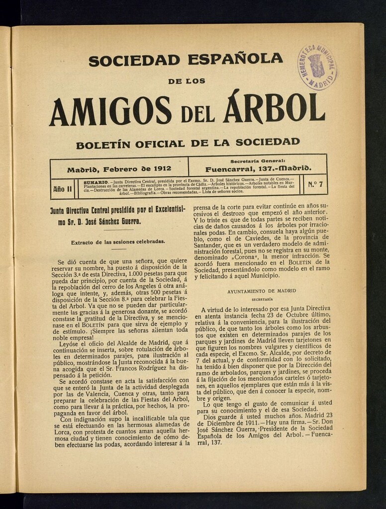 Miniatura de Boletín Comisión organizadora de la Sociedad Española de los amigos del árbol de febrero de 1912