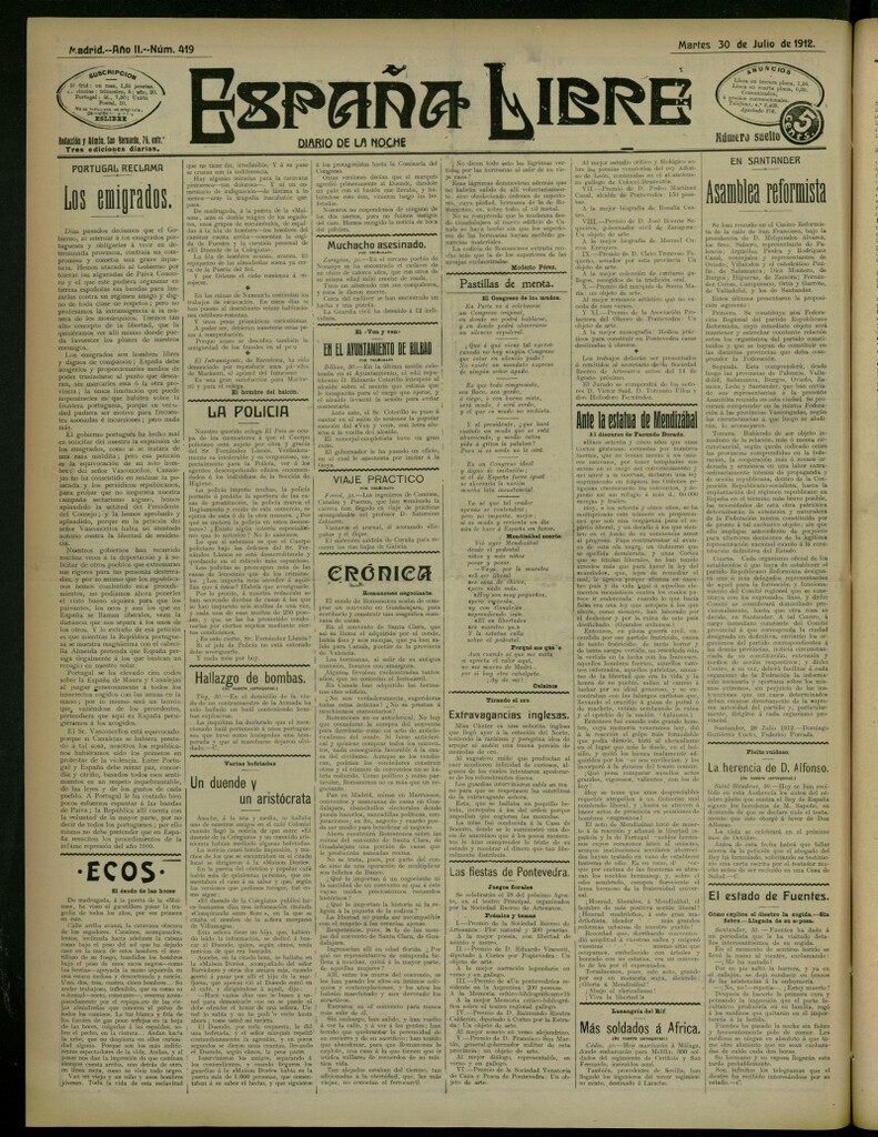 Miniatura de España Libre : Diario de la noche del 30 de julio de 1912, nº 419