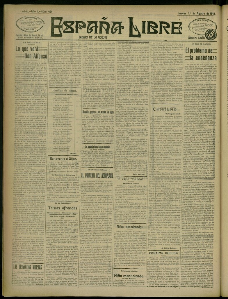 Miniatura de España Libre : Diario de la noche del 1 de agosto de 1912, nº 421