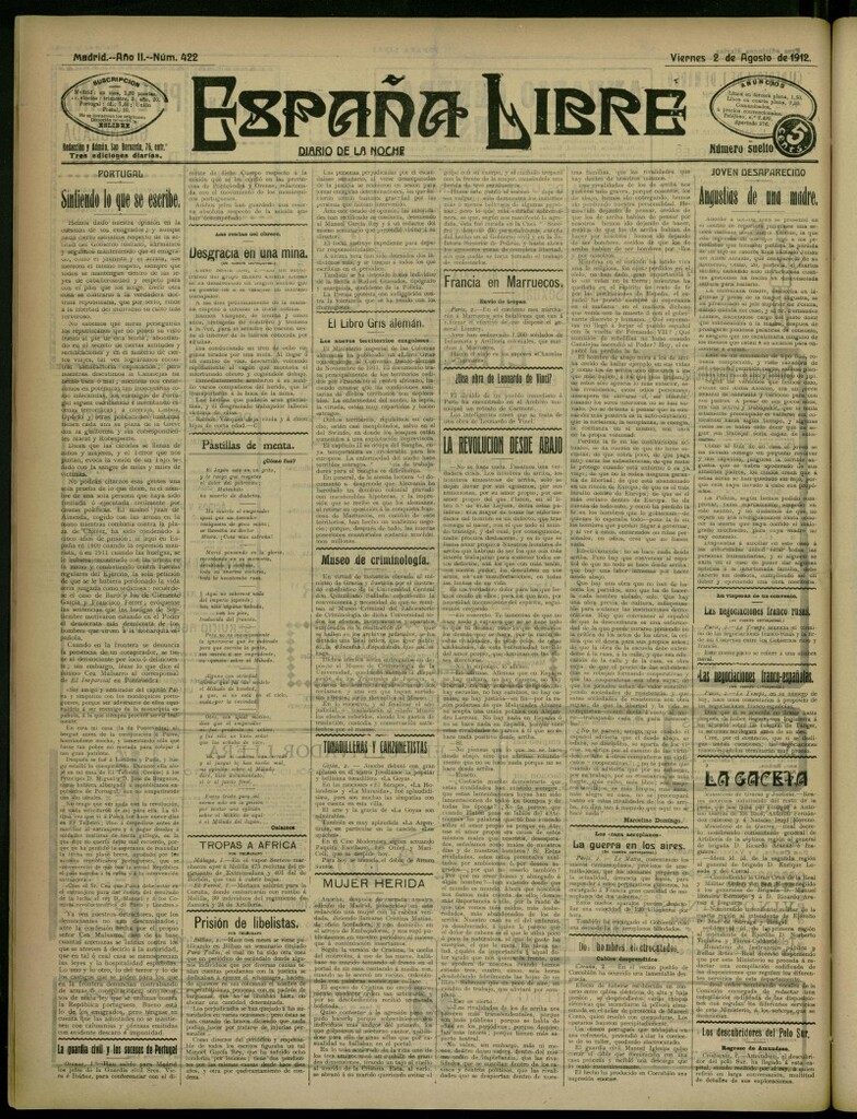 Miniatura de España Libre : Diario de la noche del 2 de agosto de 1912, nº 422