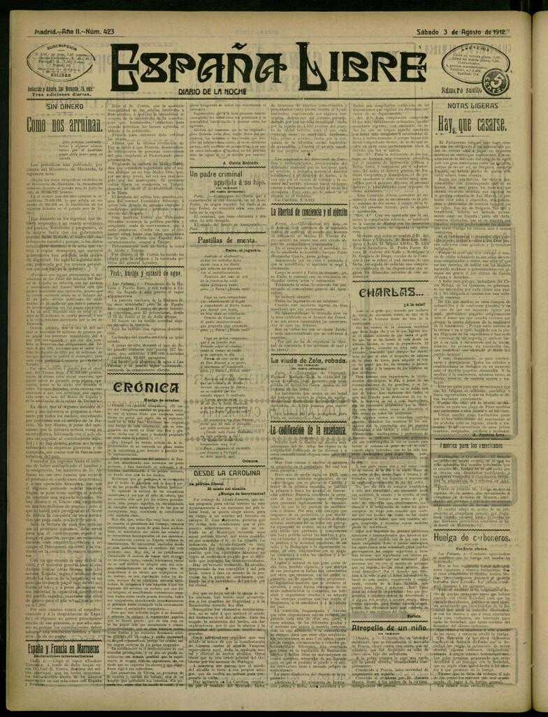 Miniatura de España Libre : Diario de la noche del 3 de agosto de 1912, nº 423