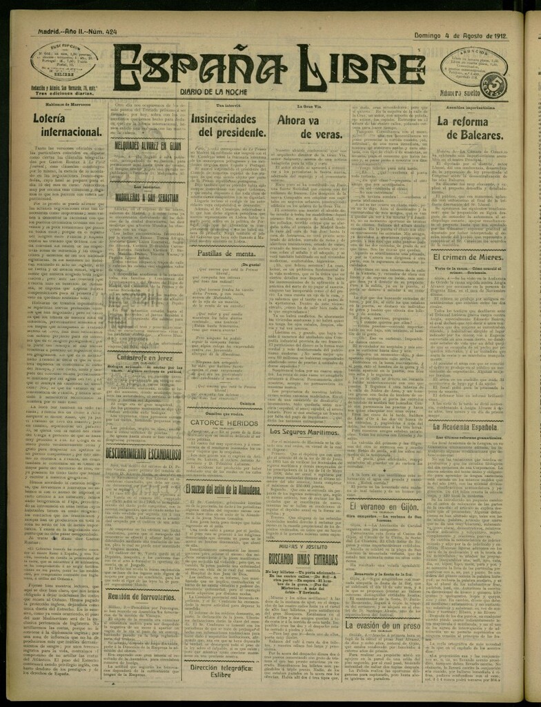 Miniatura de España Libre : Diario de la noche del 4 de agosto de 1912, nº 424