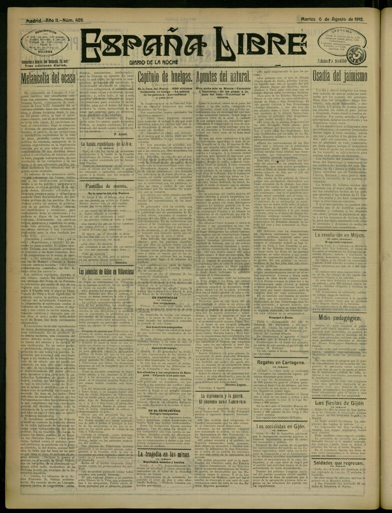 Miniatura de España Libre : Diario de la noche del 6 de agosto de 1912, nº 426