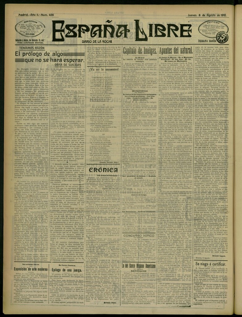 Miniatura de España Libre : Diario de la noche del 8 de agosto de 1912, nº 428