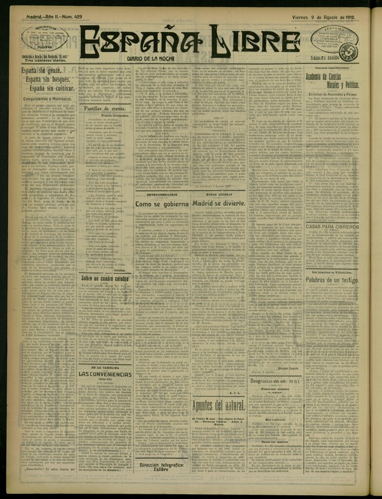 Miniatura de España Libre : Diario de la noche del 9 de agosto de 1912, nº 429