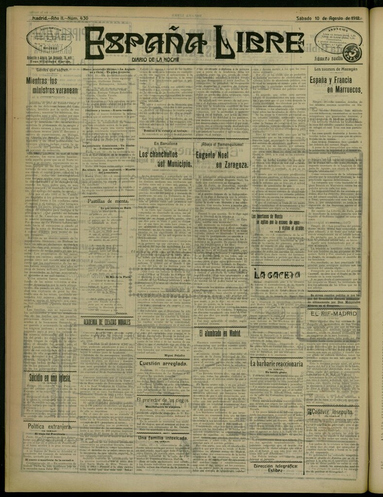 Miniatura de España Libre : Diario de la noche del 10 de agosto de 1912, nº 430
