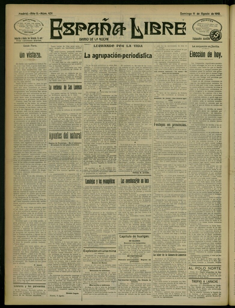 Miniatura de España Libre : Diario de la noche del 11 de agosto de 1912, nº 431