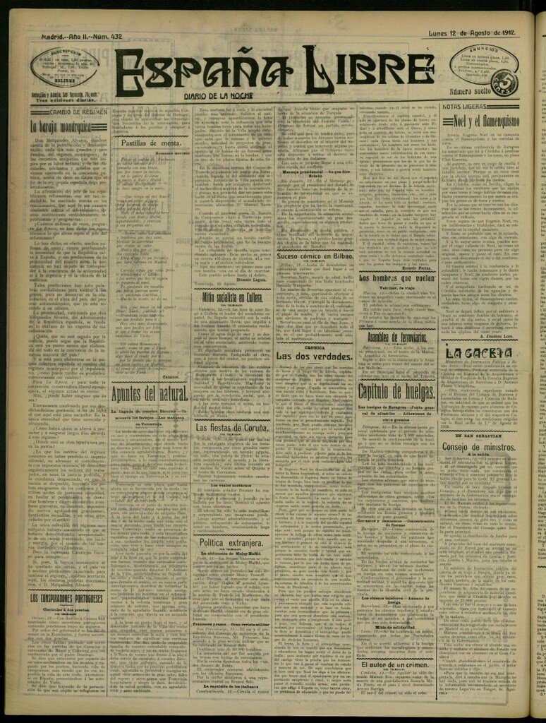 Miniatura de España Libre : Diario de la noche del 12 de agosto de 1912, nº 432