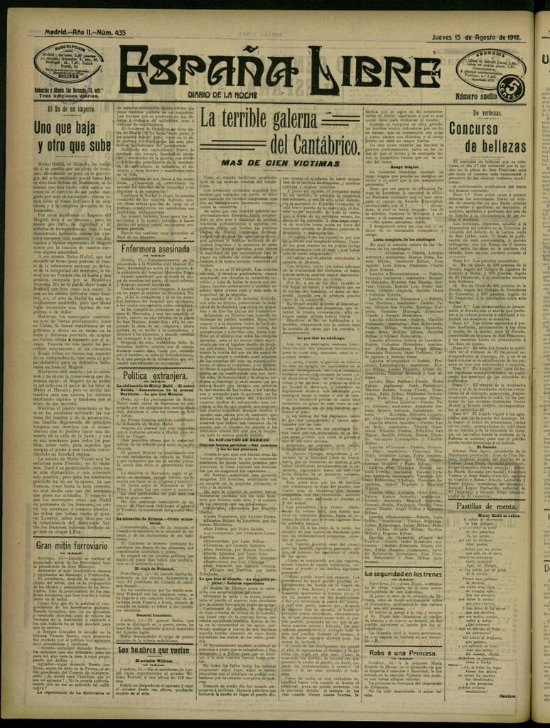 Miniatura de España Libre : Diario de la noche del 15 de agosto de 1912, nº 435