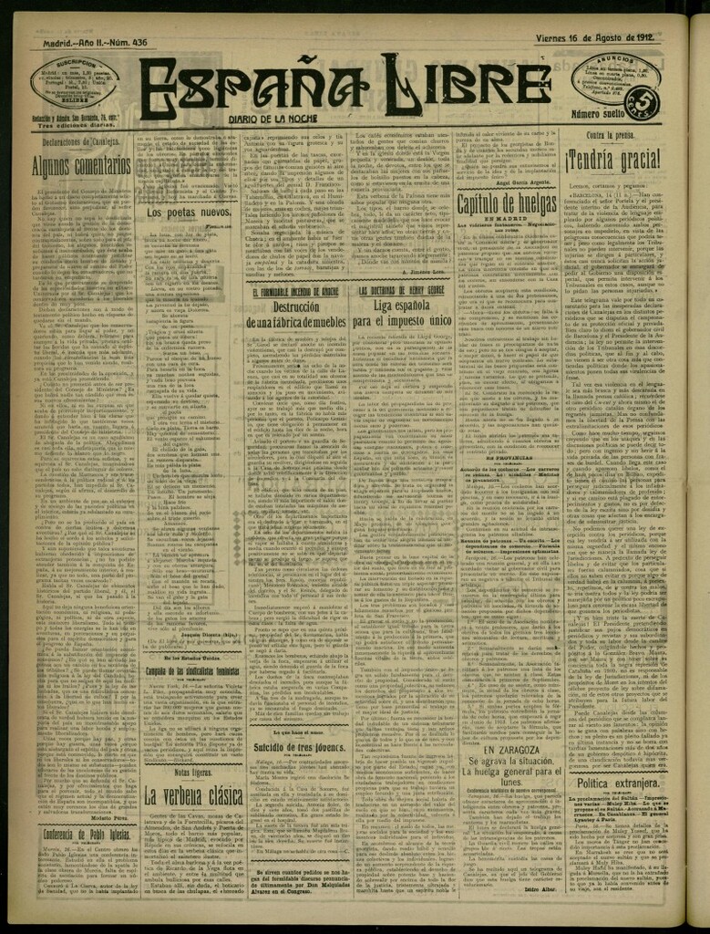 Miniatura de España Libre : Diario de la noche del 16 de agosto de 1912, nº 436
