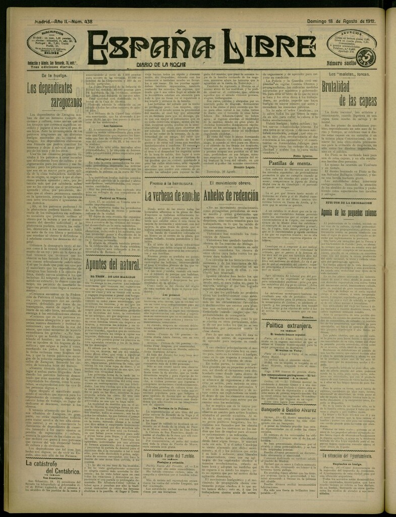 Miniatura de España Libre : Diario de la noche del 18 de agosto de 1912, nº 438
