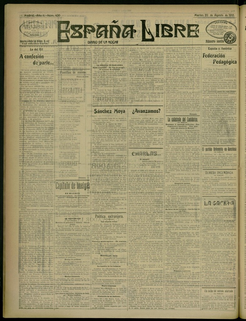 Miniatura de España Libre : Diario de la noche del 20 de agosto de 1912, nº 430 [sic]