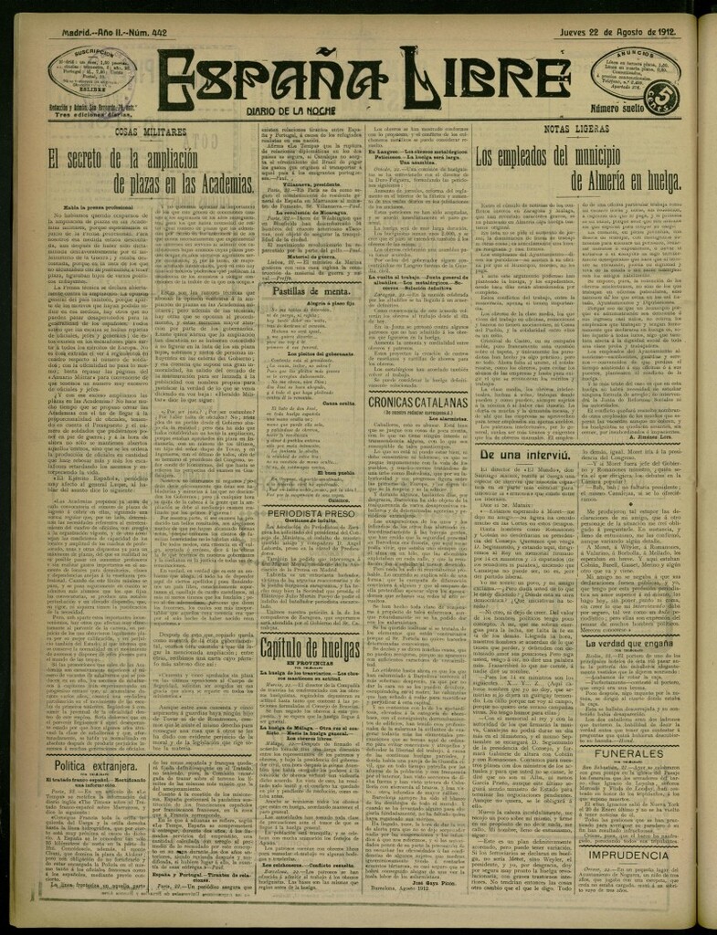 Miniatura de España Libre : Diario de la noche del 22 de agosto de 1912, nº 442