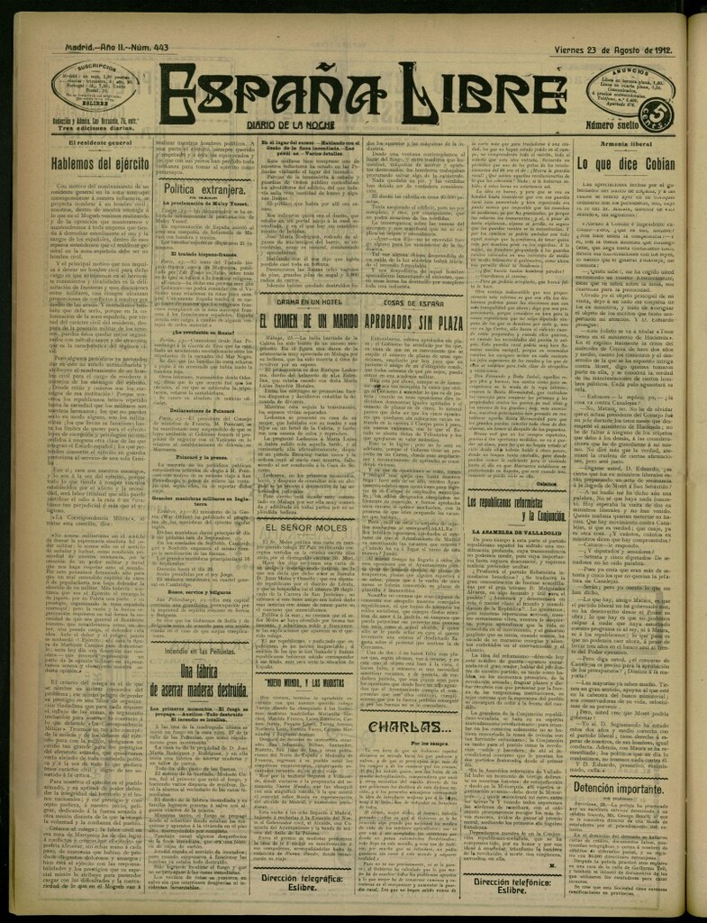 Miniatura de España Libre : Diario de la noche del 23 de agosto de 1912, nº 443