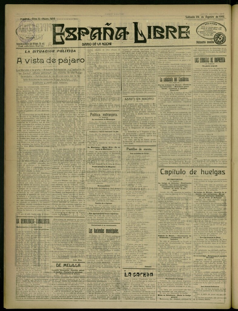 Miniatura de España Libre : Diario de la noche del 24 de agosto de 1912, nº 444