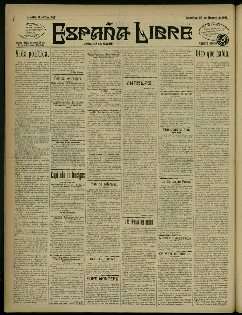 Miniatura de España Libre : Diario de la noche del 25 de agosto de 1912, nº 445