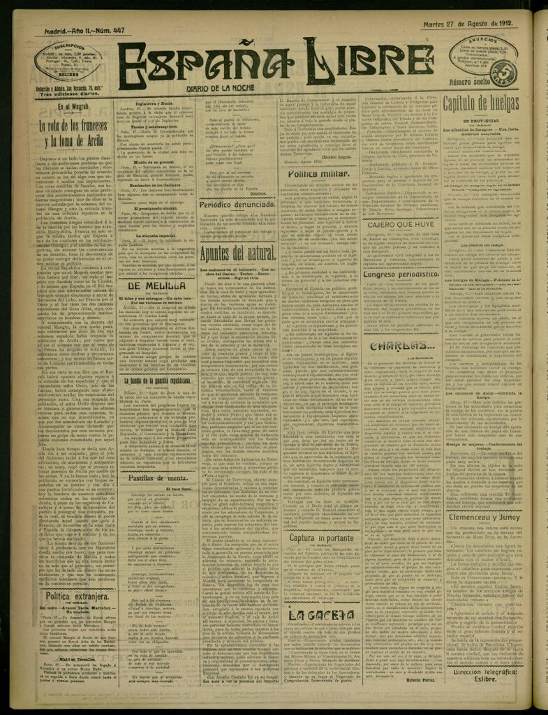 Miniatura de España Libre : Diario de la noche del 27 de agosto de 1912, nº 447