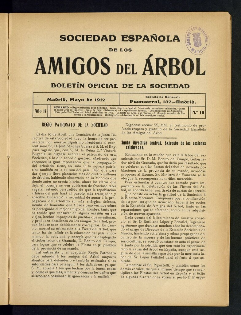 Miniatura de Boletín Comisión organizadora de la Sociedad Española de los amigos del árbol de mayo de 1912