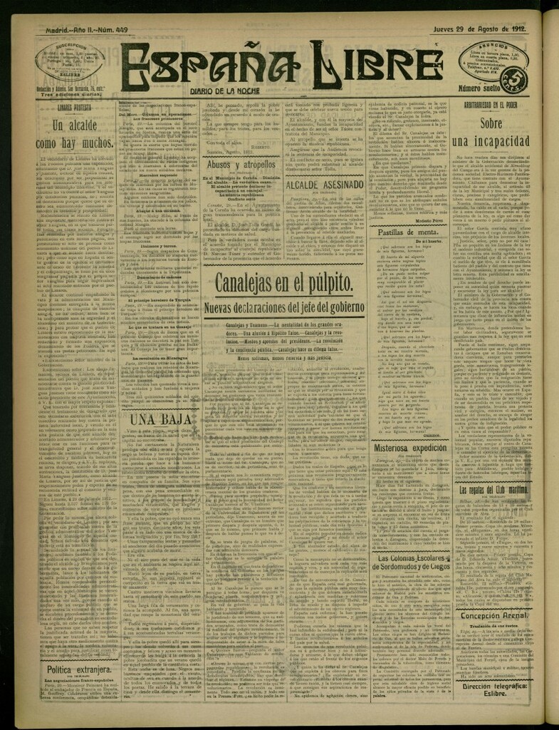 Miniatura de España Libre : Diario de la noche del 29 de agosto de 1912, nº 449
