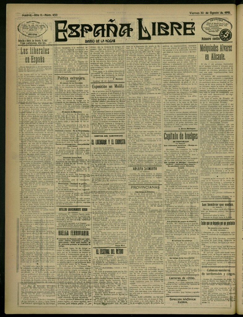 Miniatura de España Libre : Diario de la noche del 30 de agosto de 1912, nº 450