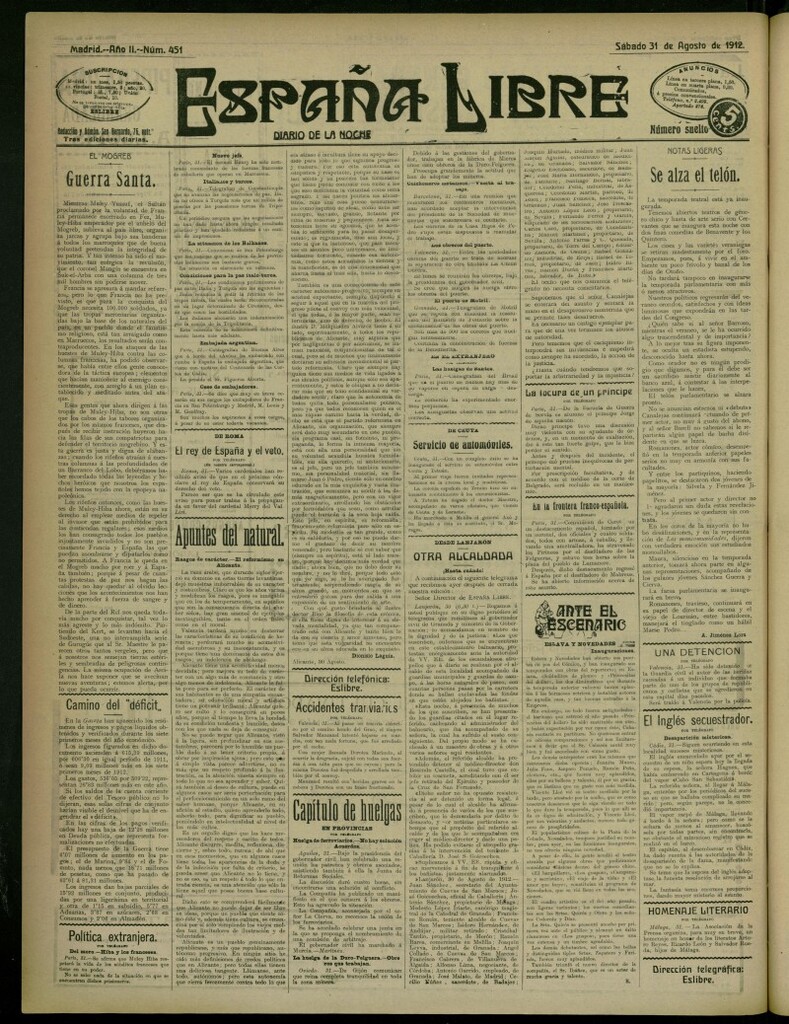 Miniatura de España Libre : Diario de la noche del 31 de agosto de 1912, nº 451