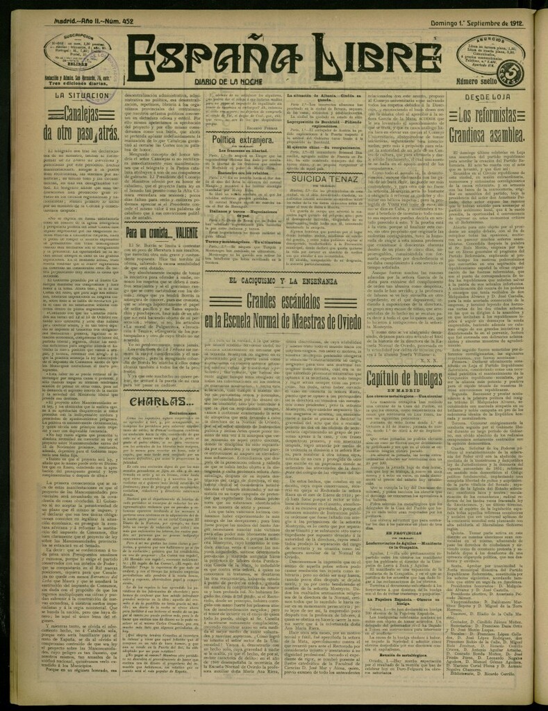Miniatura de España Libre : Diario de la noche del 1 de septiembre de 1912, nº 452