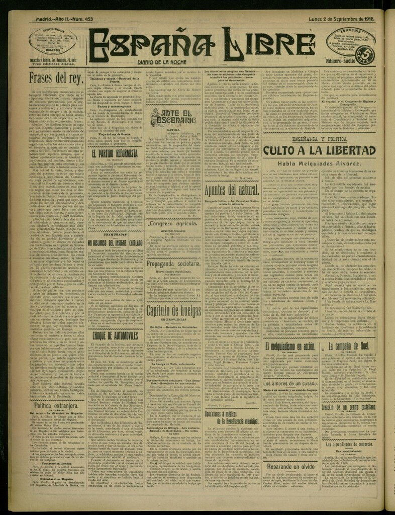 Miniatura de España Libre : Diario de la noche del 2 de septiembre de 1912, nº 453