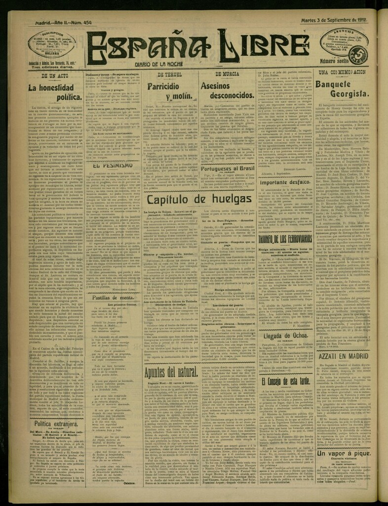 Miniatura de España Libre : Diario de la noche del 3 de septiembre de 1912, nº 454