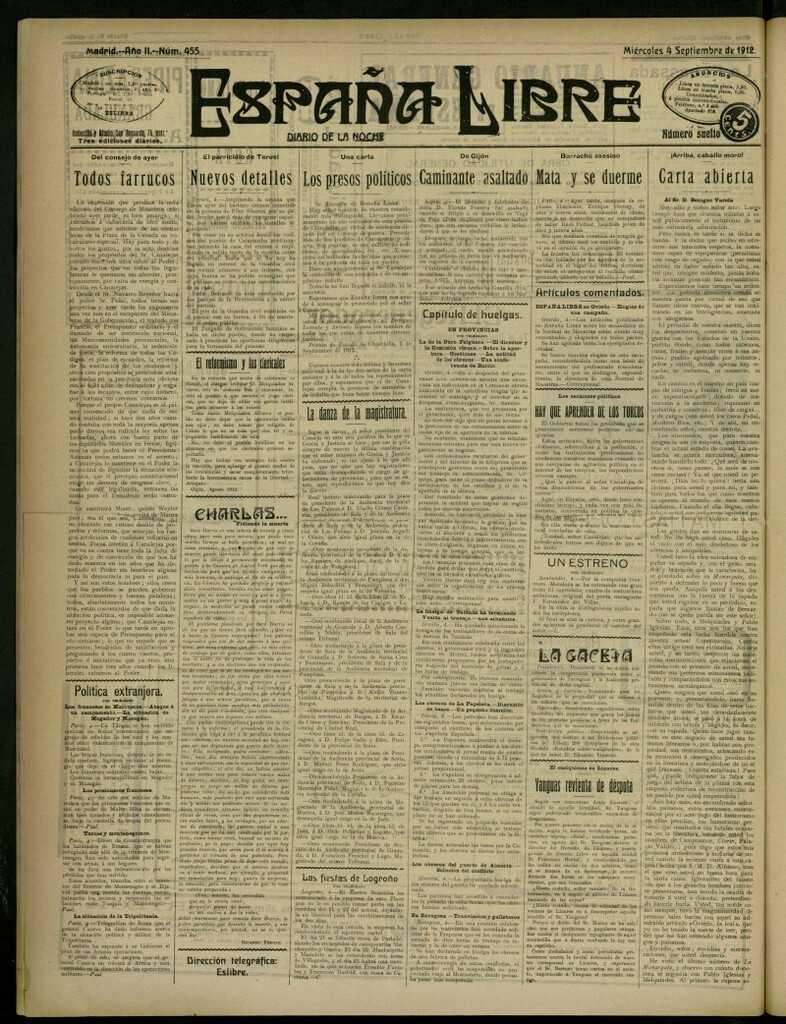 Miniatura de España Libre : Diario de la noche del 4 de septiembre de 1912, nº 455