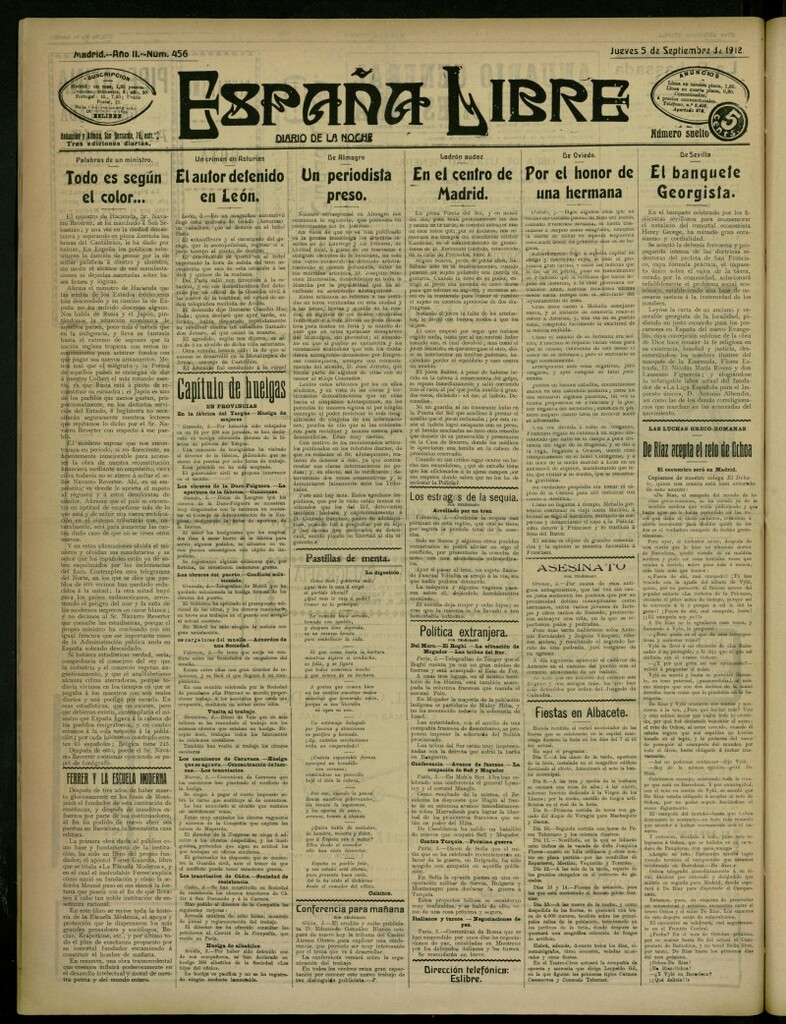 Miniatura de España Libre : Diario de la noche del 5 de septiembre de 1912, nº 456