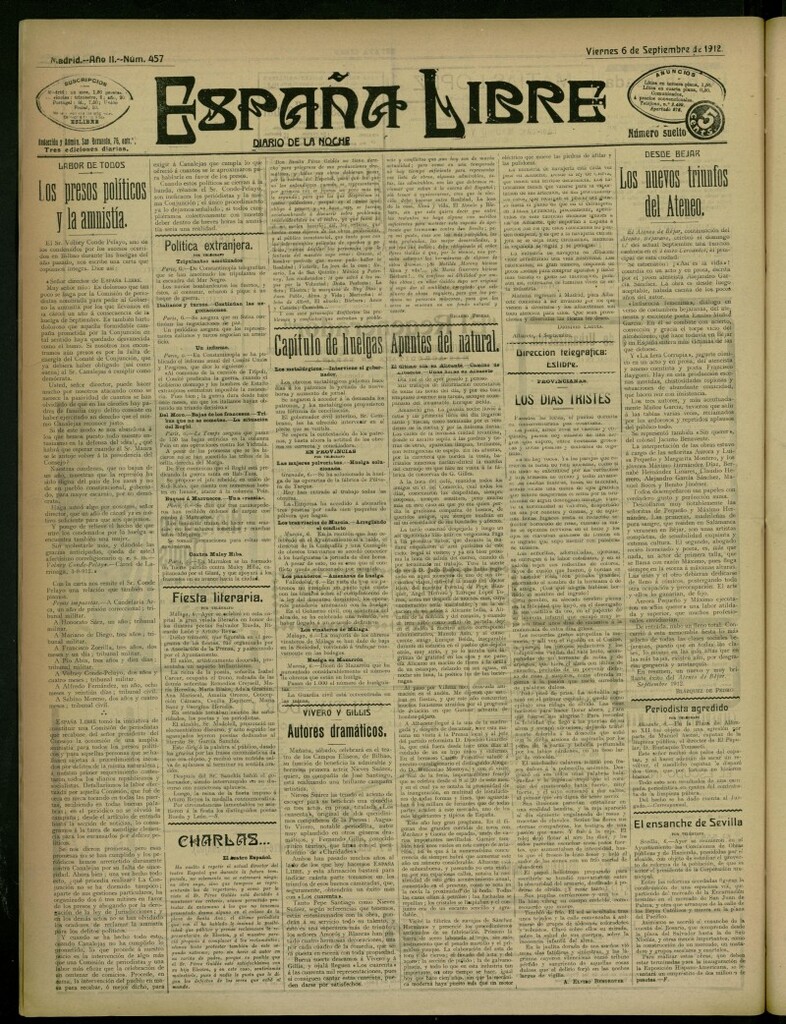 Miniatura de España Libre : Diario de la noche del 6 de septiembre de 1912, nº 457