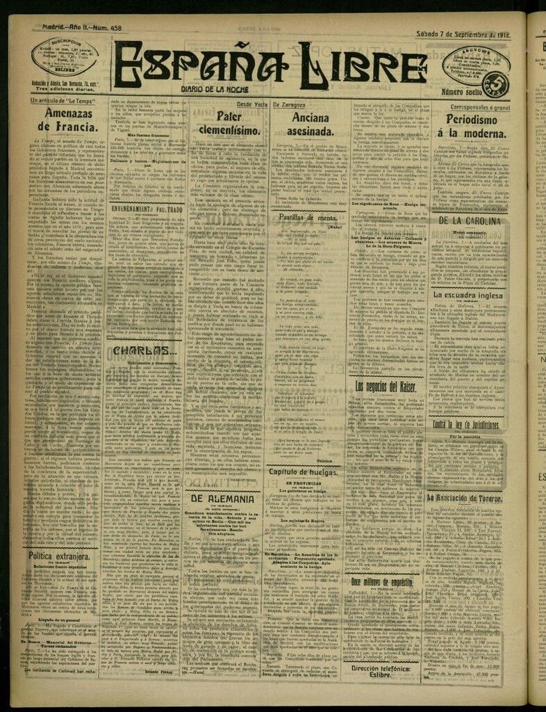 Miniatura de España Libre : Diario de la noche del 7 de septiembre de 1912, nº 458