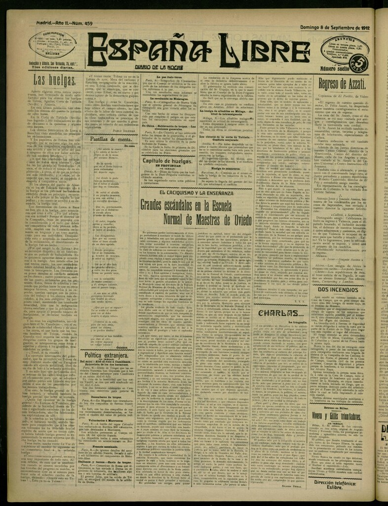 Miniatura de España Libre : Diario de la noche del 8 de septiembre de 1912, nº 459