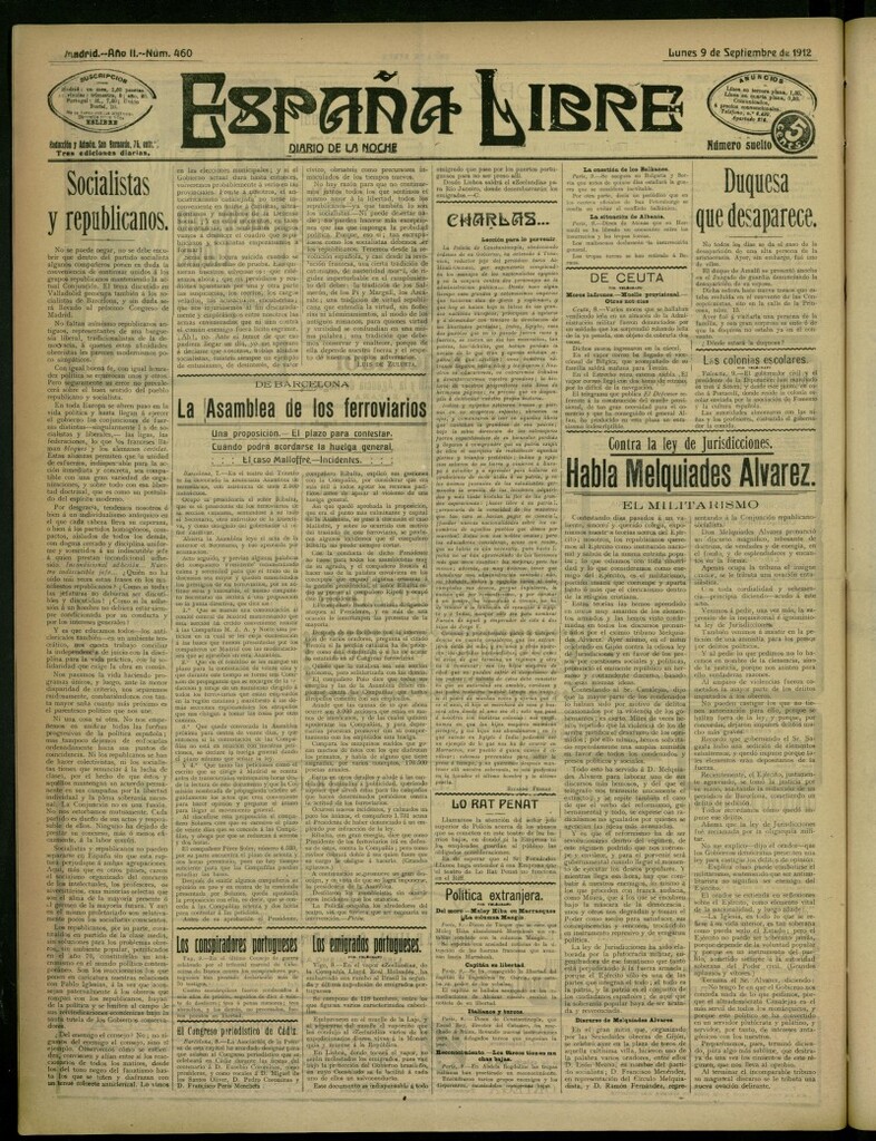 Miniatura de España Libre : Diario de la noche del 9 de septiembre de 1912, nº 460