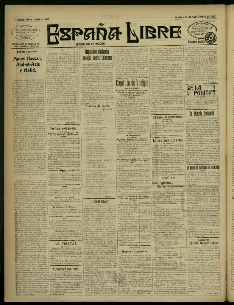 Miniatura de España Libre : Diario de la noche del 10 de septiembre de 1912, nº 461