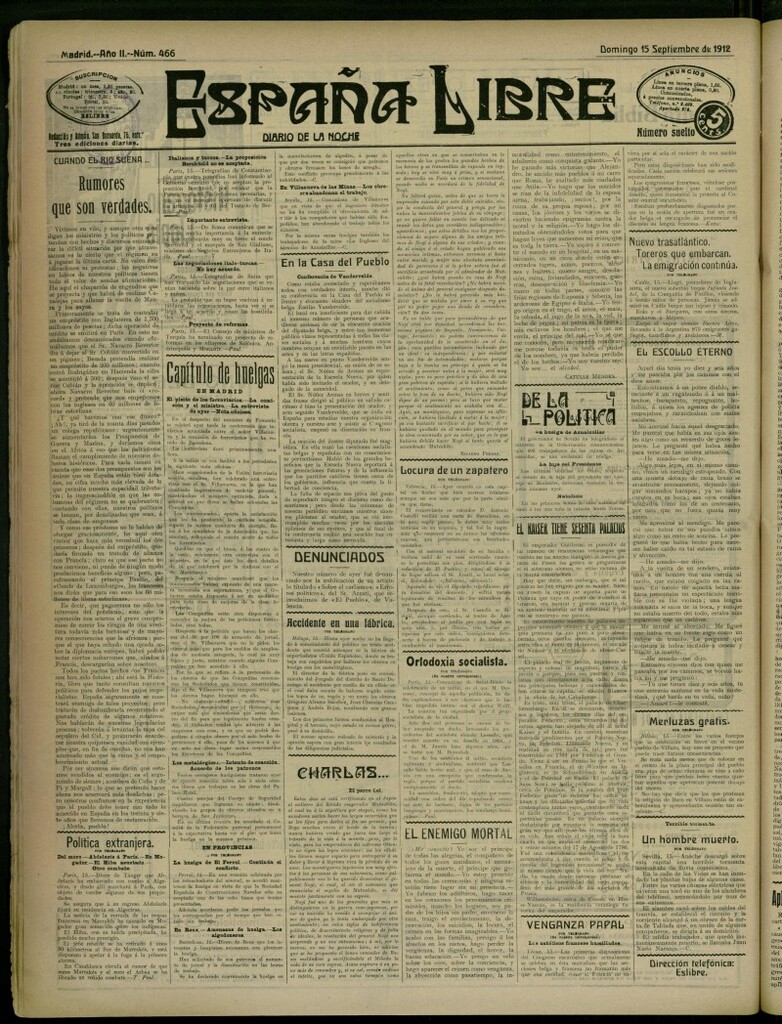 Miniatura de España Libre : Diario de la noche del 15 de septiembre de 1912, nº 466
