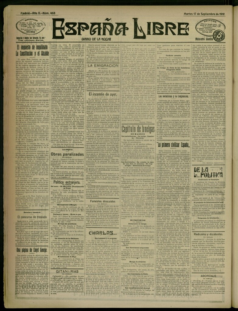 Miniatura de España Libre : Diario de la noche del 17 de septiembre de 1912, nº 468