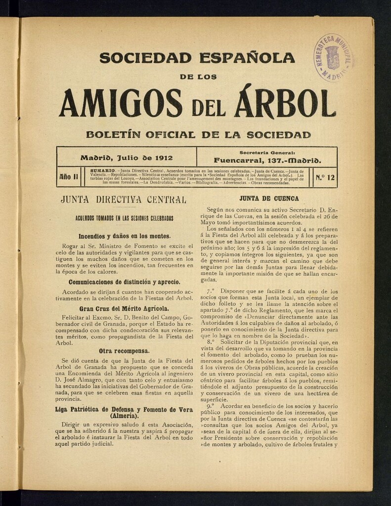 Miniatura de Boletín Comisión organizadora de la Sociedad Española de los amigos del árbol de julio de 1912