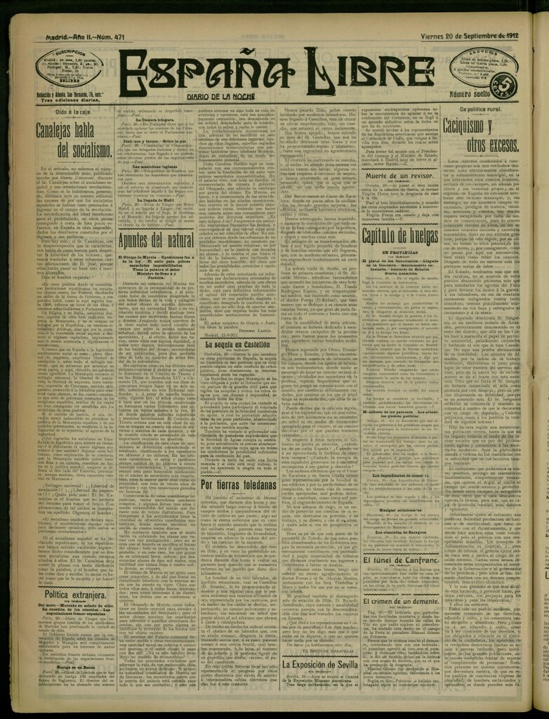 Miniatura de España Libre : Diario de la noche del 20 de septiembre de 1912, nº 471
